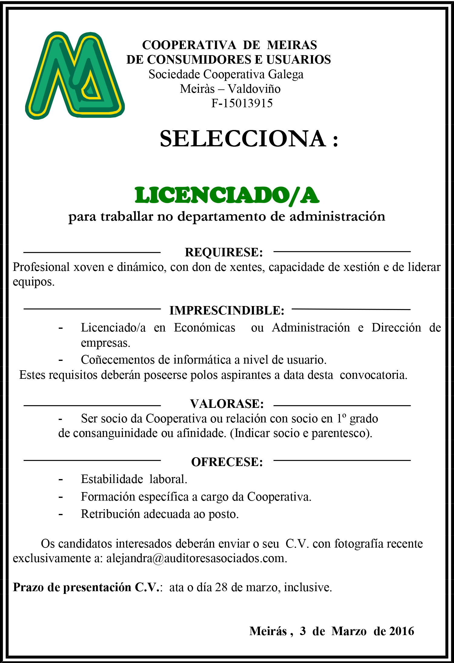 Oferta de emprego para vacante en Administración